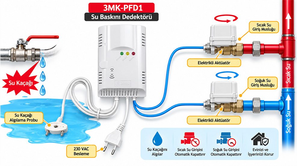 3MK-PFD1 Su Baskını Dedektörü selenoid vana ve alarm sistemi uygulama örneği